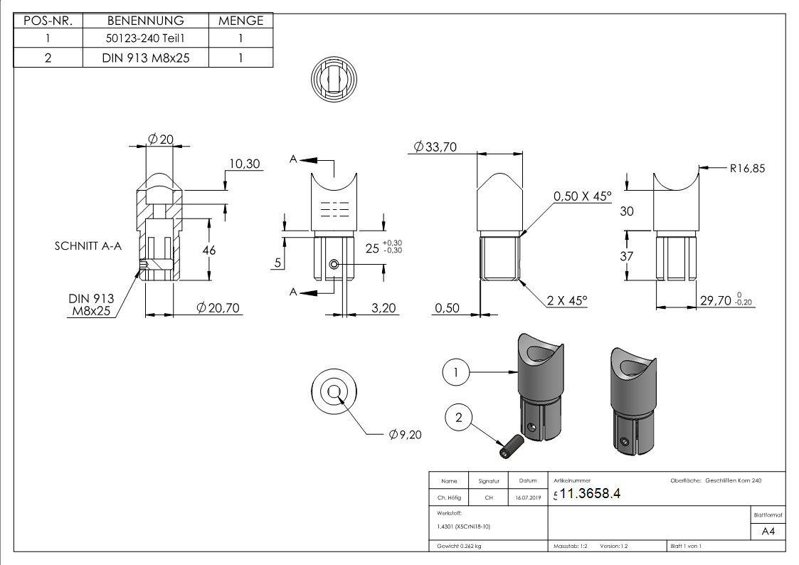 Pièce de raccordement 90° pour tube rond Ø 33.7x2.0 mm V2A