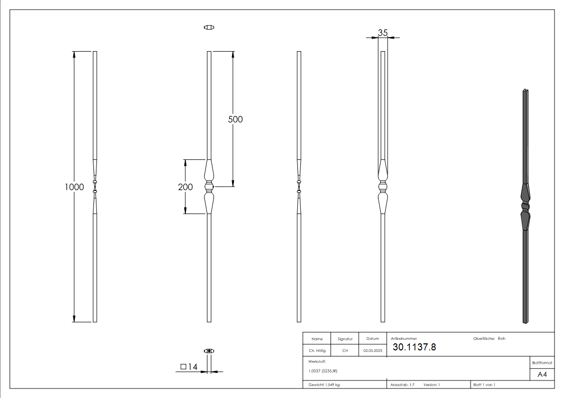 Barre décorative | Longueur : 1000 mm | Matériau : Ø14 mm lisse | Acier S235JR, brut
