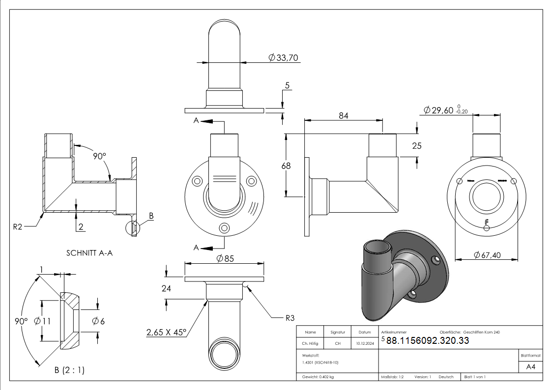 Support mural 90° pour tube 33,7 x 2,0mm