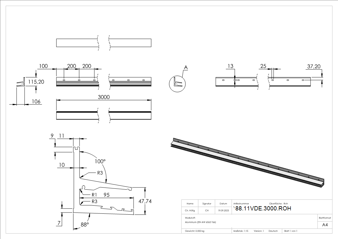 Vordachprofil eleganza canopy- L=3000mm- roh-88-11VDE-3000.ROH