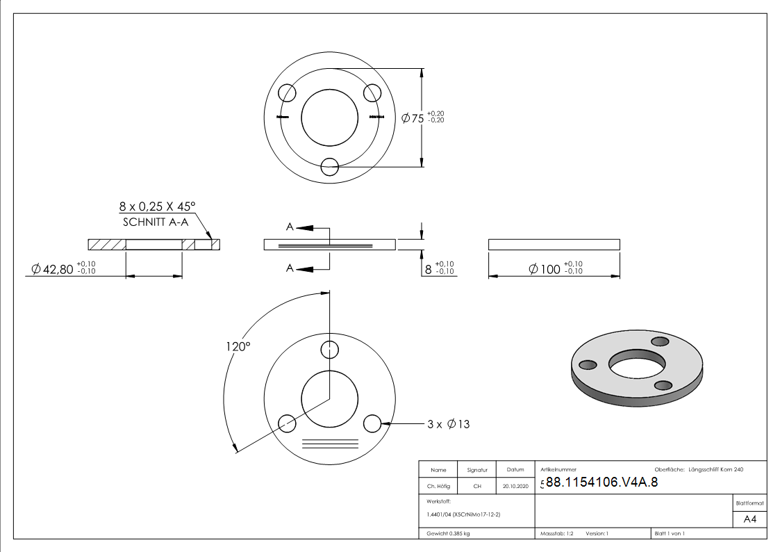 Ankerplatte Ø 100 x 8mm- mit Laengsschliff- V4A-88-1154106-V4A.8