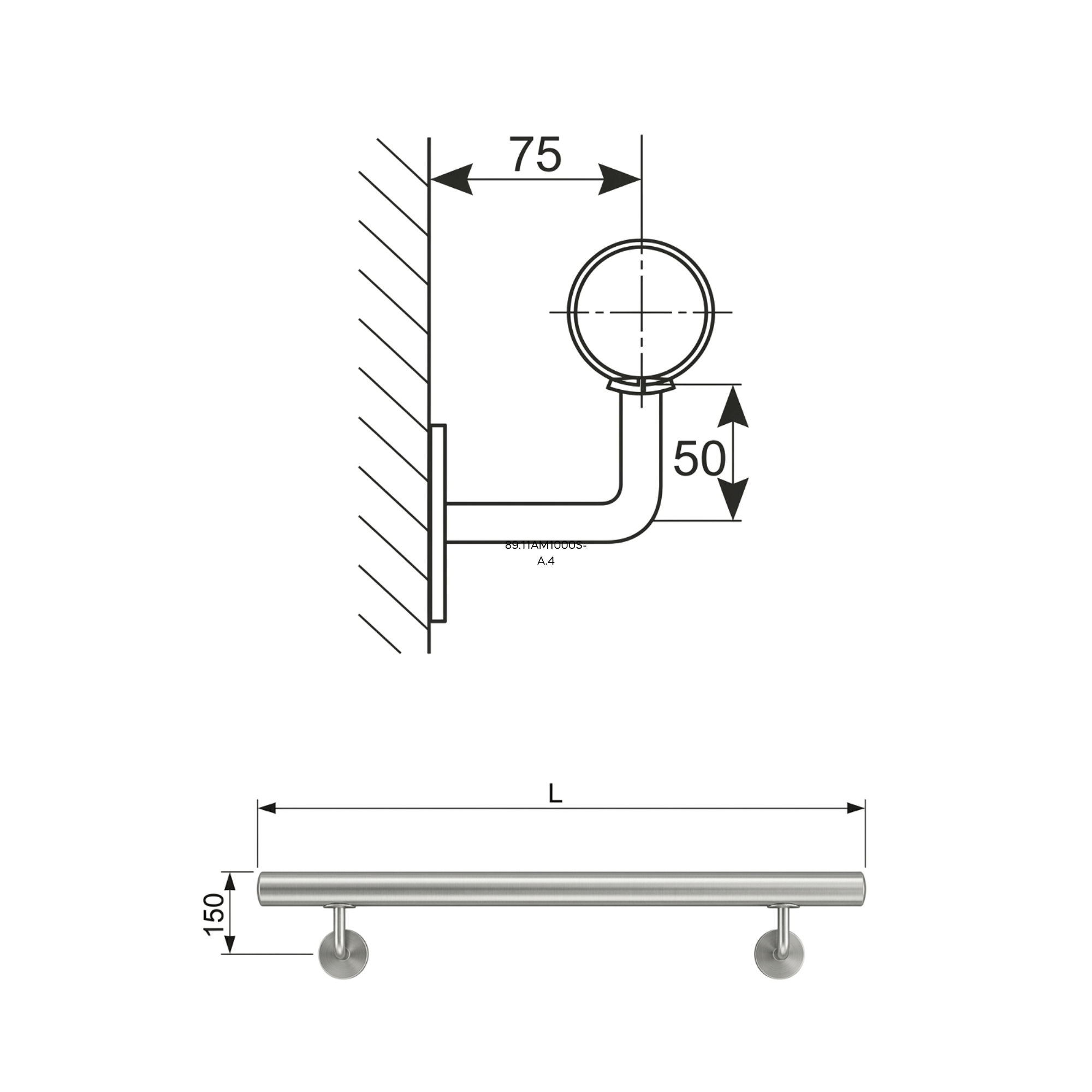 Handlauf Edelstahl AISI 304 1000 mm geschliffen montiertes Set-89-11AM1000S-A.4