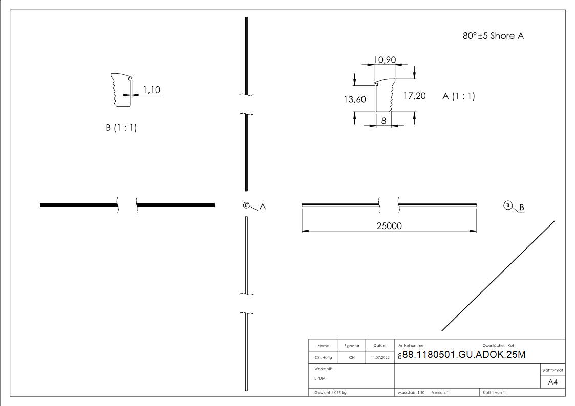 Joint d'étanchéité, EPDM 80 shore, longueur 25m, noir