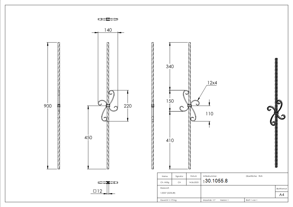 Zierstab - Laenge- 900 mm - Material- 12x12 mm - gehaemmert - Stahl -Roh- S235JR-30-1055.8