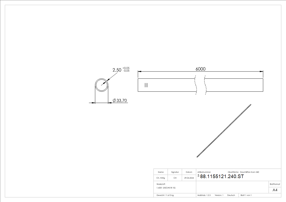 Edelstahlrohr- 33-7 x 2-5mm- L=6m- Korn 240 geschliffen- V2A Edelstahl-88-1155121-240.ST