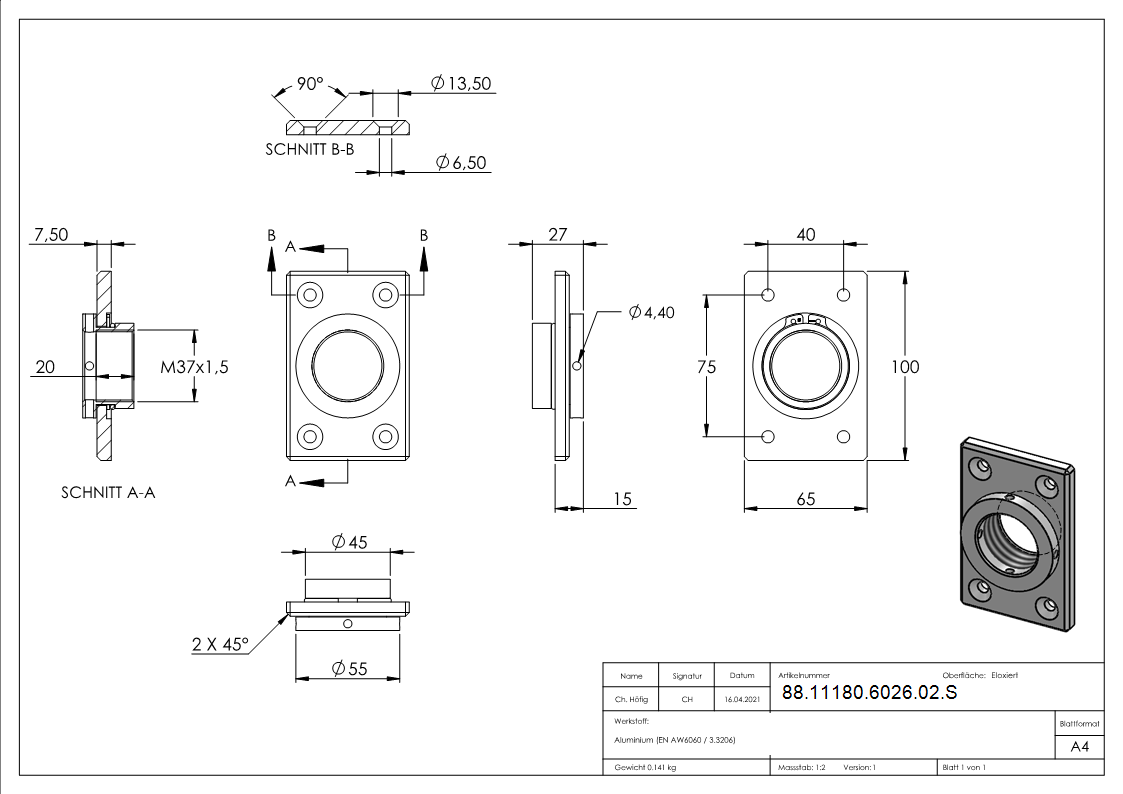 Montageplatte Aluminium 65 x 100 mm eckig zum Schrauben-88-11180-6026-02.S