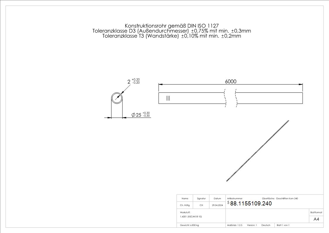 Edelstahlrohr Edelstahl V2A Ø 25-0 x 2-0 mm L = 6000 mm geschliffen Korn 240-88-1155109.240