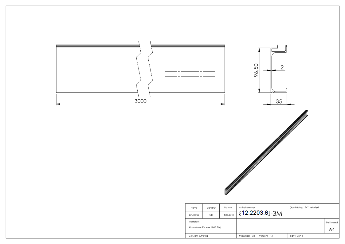 Abdeckung fuer Ganzglasgelaender - MASSIV2 - Laenge- 3000 mm - seitliche Montage - Aluminium-12-2203.6