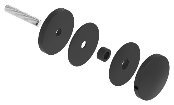 Glaspunkthalter 62mm- Anschluss- flach- V2A- pulverbeschichtet in RAL 9005 schwarz matt mit AbP-88-1160240-240.9005