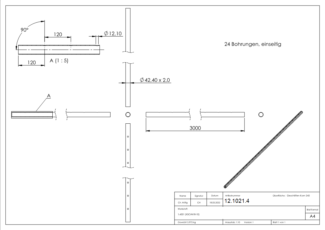 Tube rond Ø 42,4 x 2,0 mm perforé d'un côté á 3 m