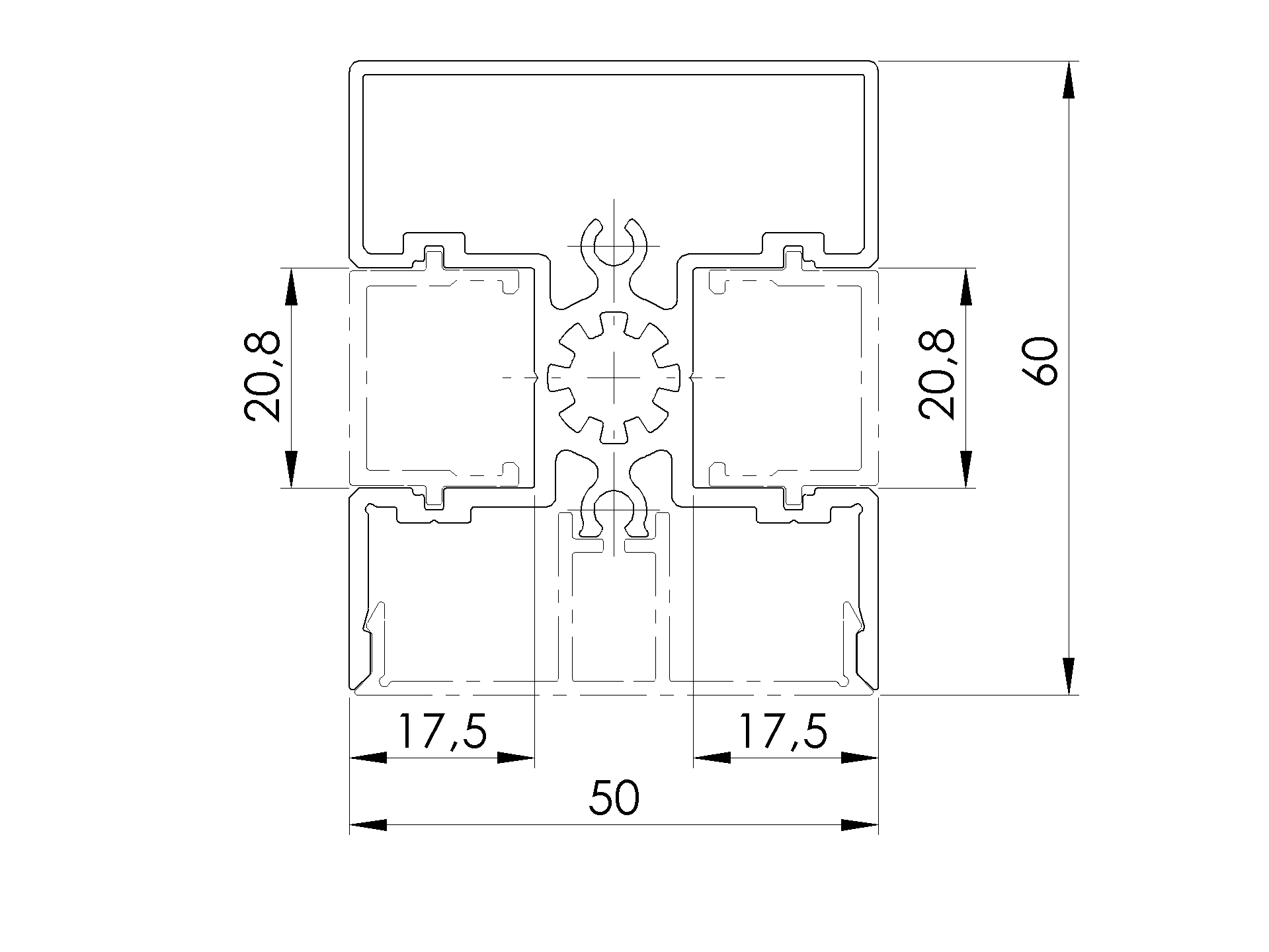 Zaunpfosten Aluminium 50x60 mm 6000 mm Natur fuer 20 mm Fuellungen-89-11FGFP50X606000N-A.4