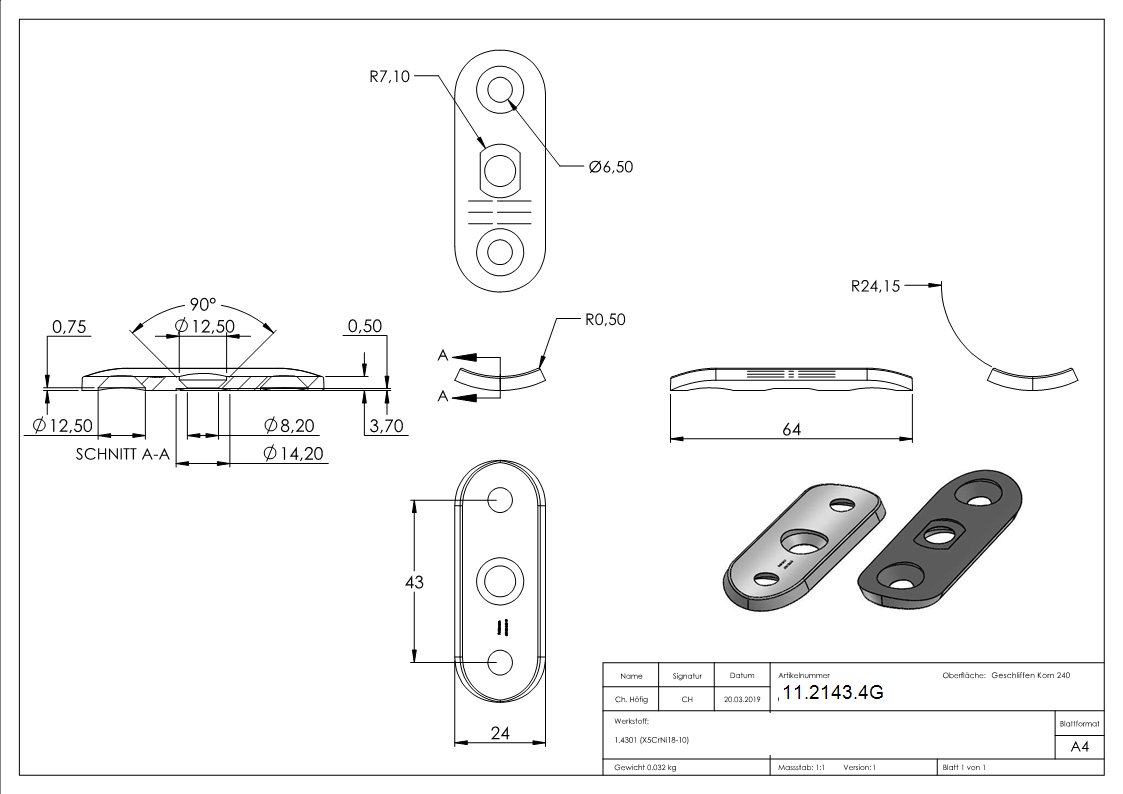 Handlaufanschlussplatte 63x25x4 mm fuer Rohr Ø 48-3 mm mit gesenkten Aussenbohrungen V2A-11-2143.4G