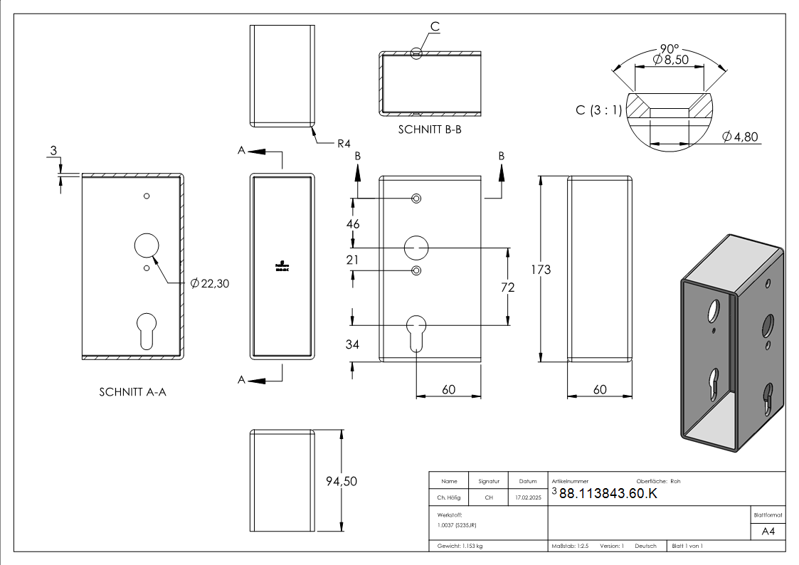 Schlosskasten Stahl 60 x 94-5 x 173 mm roh-88-113843-60.K