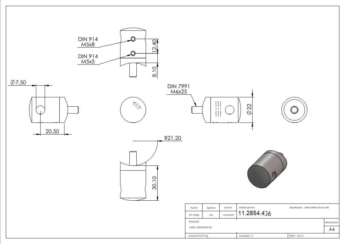 Seilhalter fuer Zwischenpfosten - Fuer Seil Ø 6 mm - Anschluss Ø 42-4 mm - V2A-11-2854.4