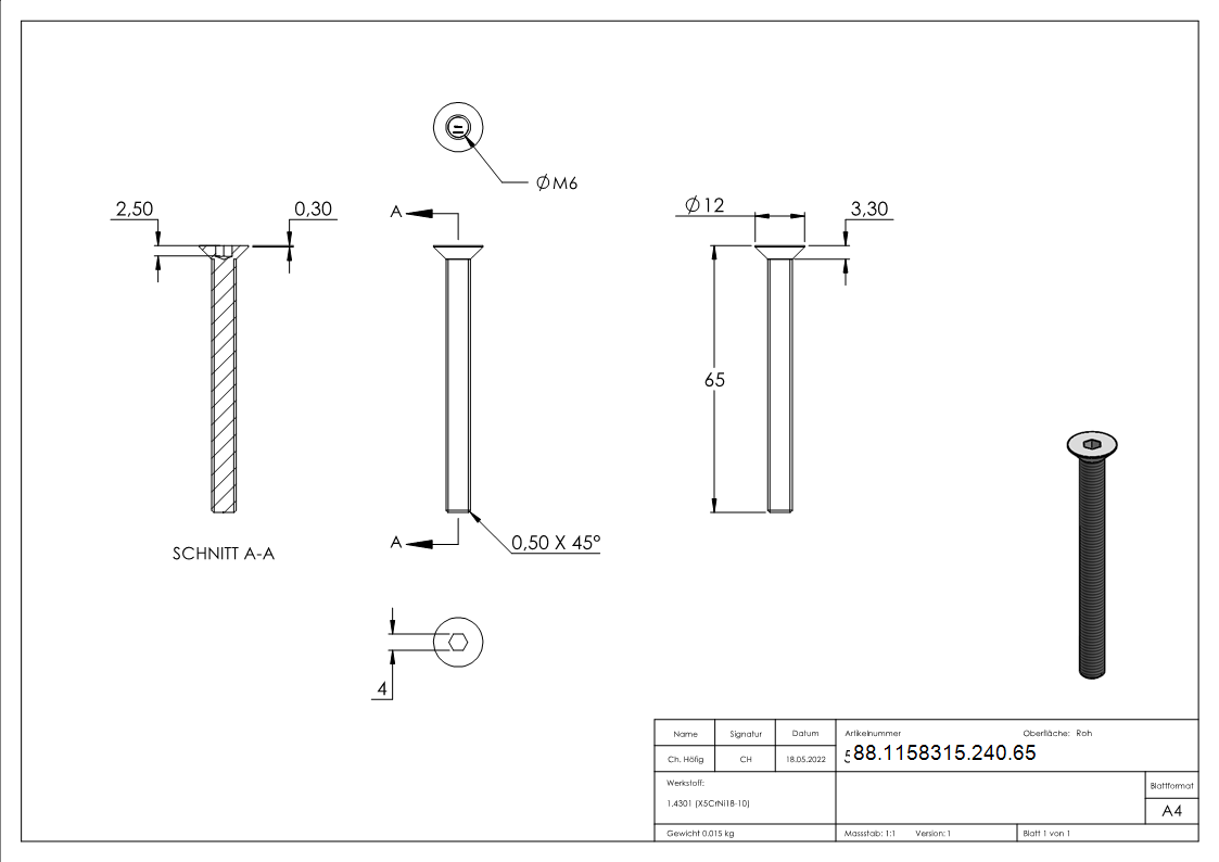 Vis à tête fraisée M6 x 65, A2, ISO 10642