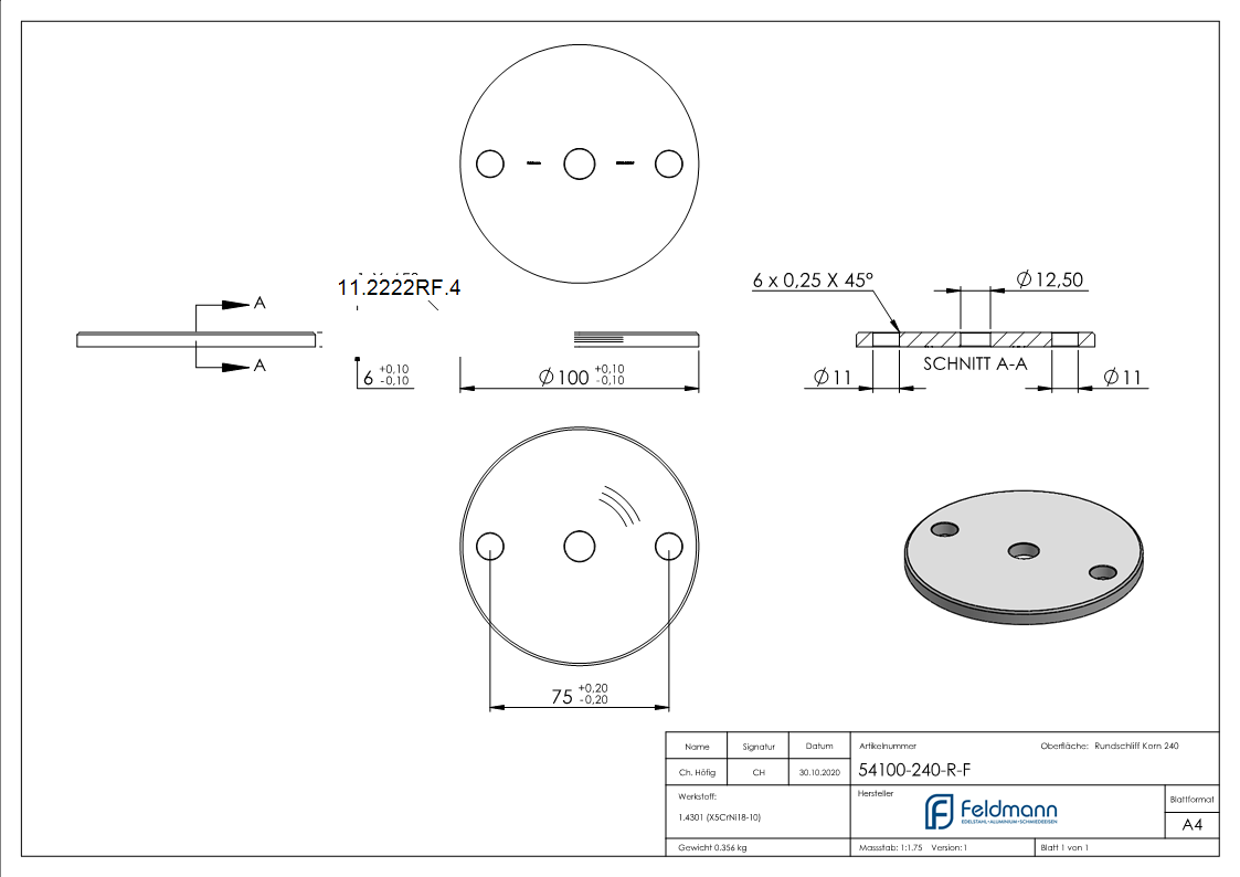 Ankerplatte Ø 100 x 6 mm mit Zentrierbohrung- Ø 12-5 mm V2A-11-2222RF.4