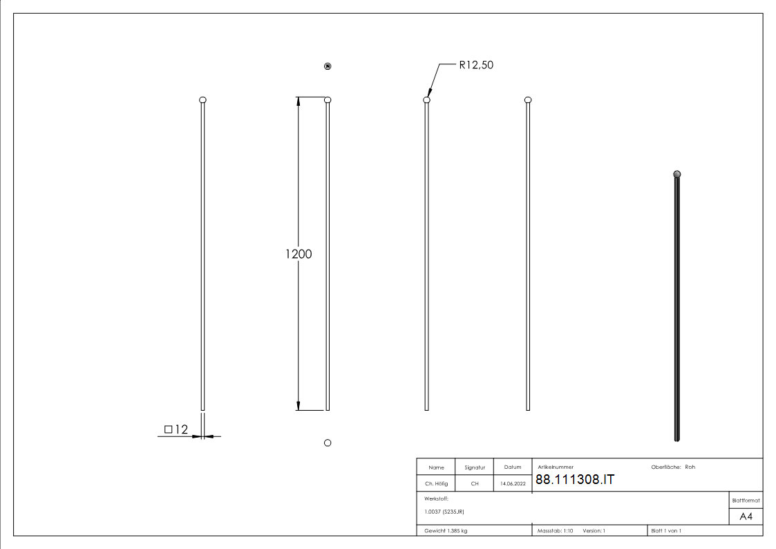 Barre à billes 12 x 12mm ; longueur 1200mm ; bille 25mm