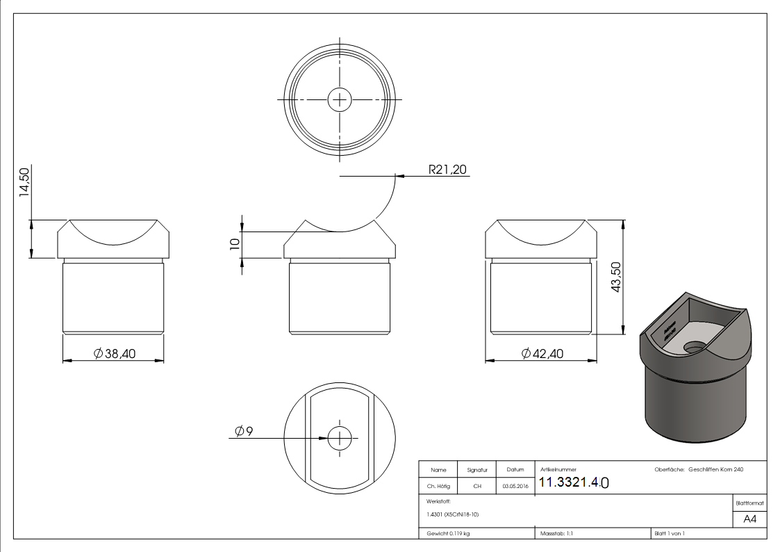 Rohrsattel zum Kleben fuer Rundrohr Ø 42-4x2-0 mm V2A-11-3321.4