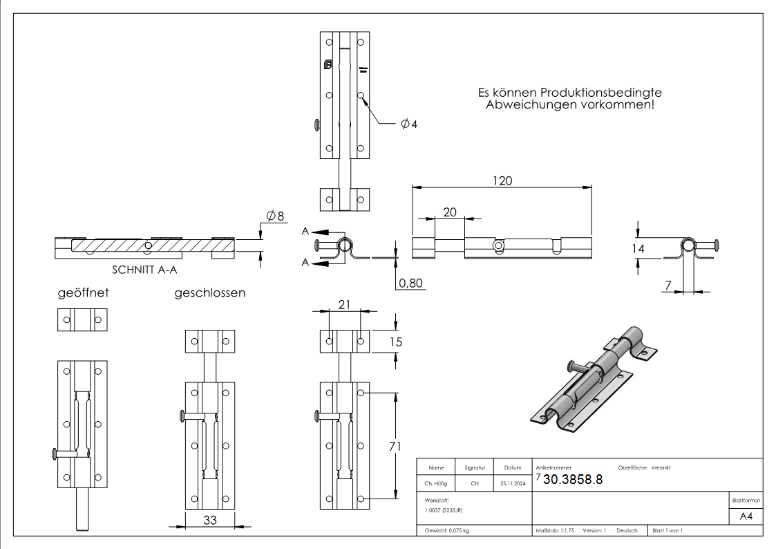 Torriegel - Laenge- 120 mm - verzinkt - zum Anschrauben-30-3858.8