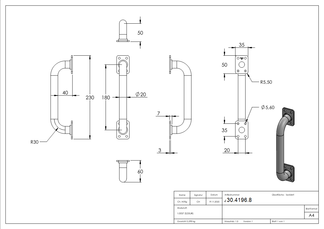 Schiebetorgriff Stahl Ø 20 mm- 230x180 mm- schwarz lackiert-30-4196.8
