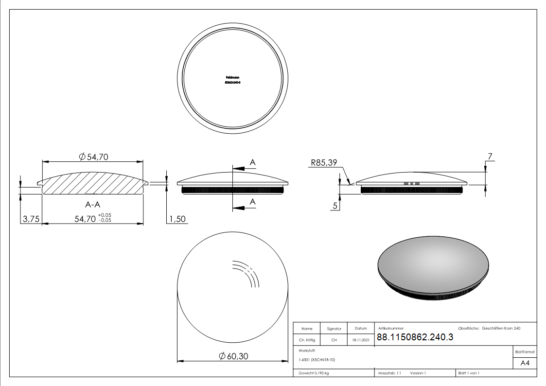 Bouchon, pour tube 60,3 x 3,0mm, V2A