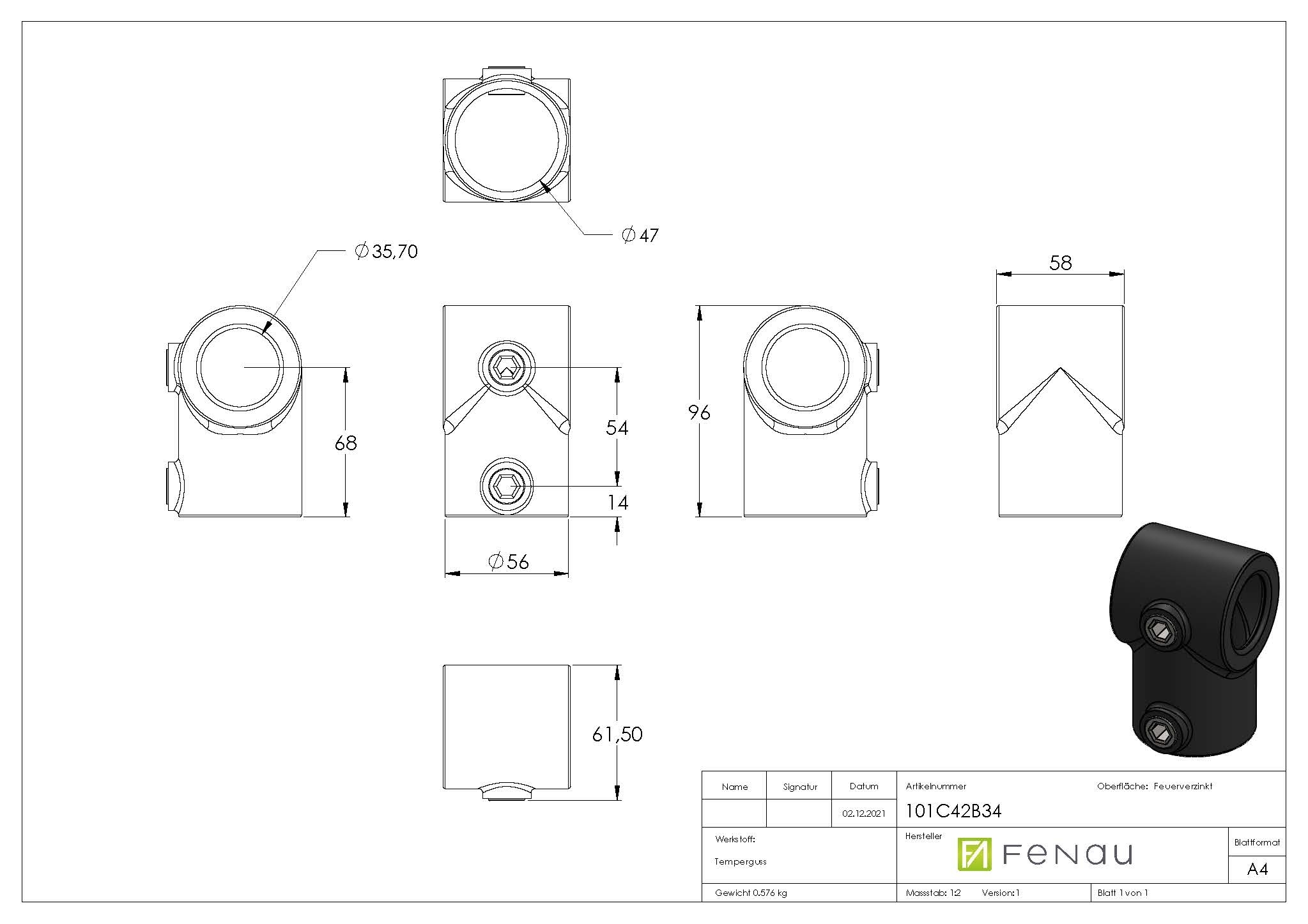 Rohrverbinder - T-Stueck kurz - 101C42-B34 - 42-4 mm; 33-7 mm - 1 1-4-; 1- - Feuerverzinkt u. Elektrogalvanisiert-101C42-B34