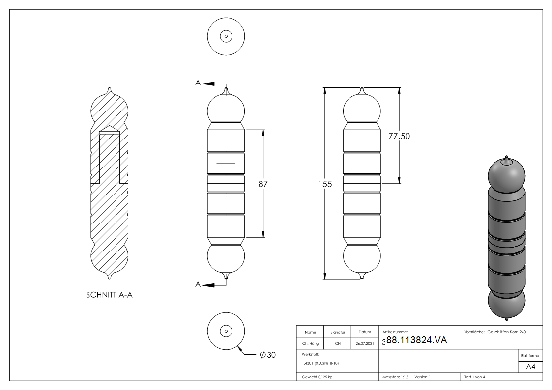 VA - charnière de portail lisse 30mm mandrin 13mm