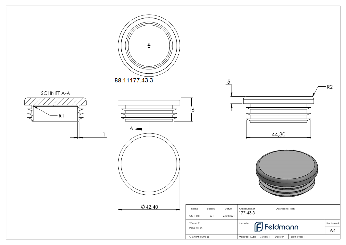Kunststoffkappe fuer Rundrohr 42-4mm-88-11177-43.3