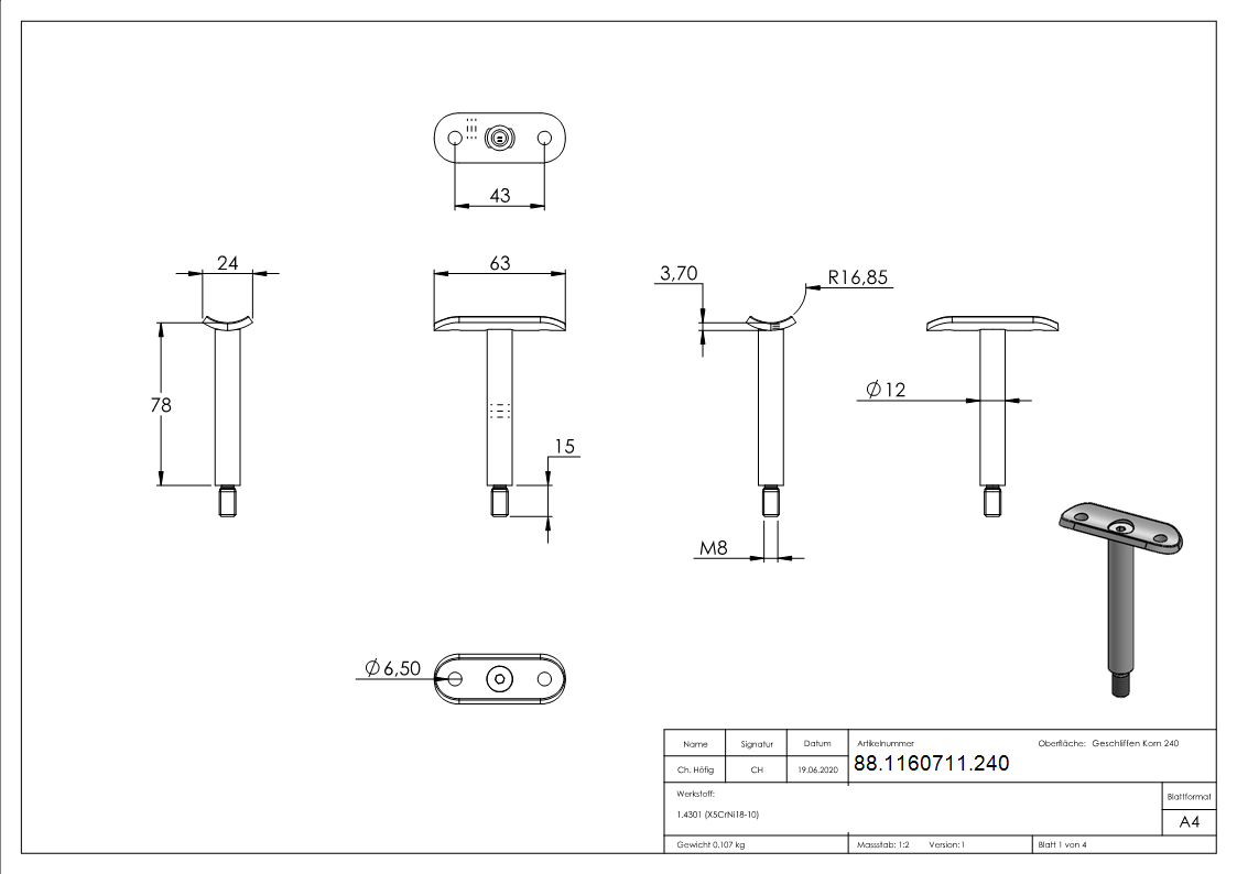 Goupille Ø 12mm avec plaque de retenue 33.7mm, V2A