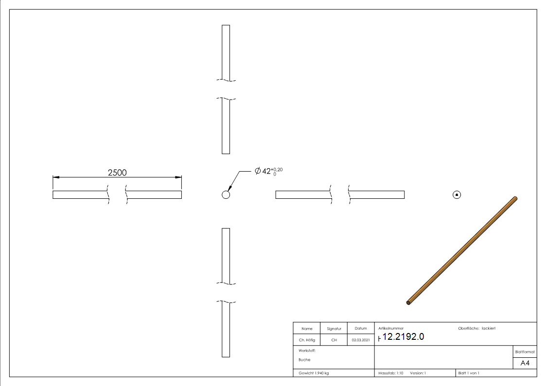 Main courante en bois hêtre, D=42mm, longueur 2500mm