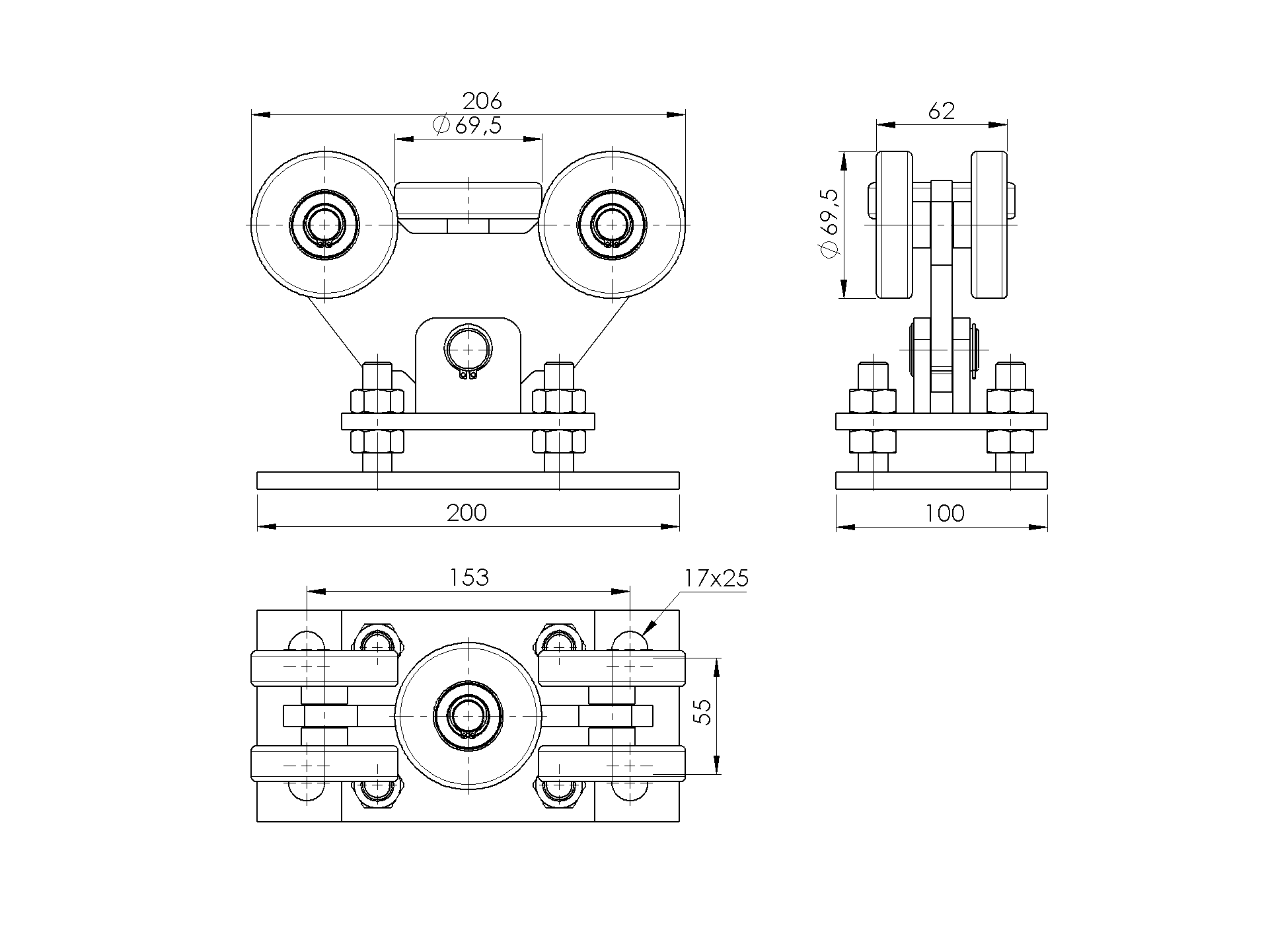 Laufwagen Stahl verzinkt fuer C-Profil 90x95 mm mit Nylonrollen-89-11H34490X95NYLON-A.4