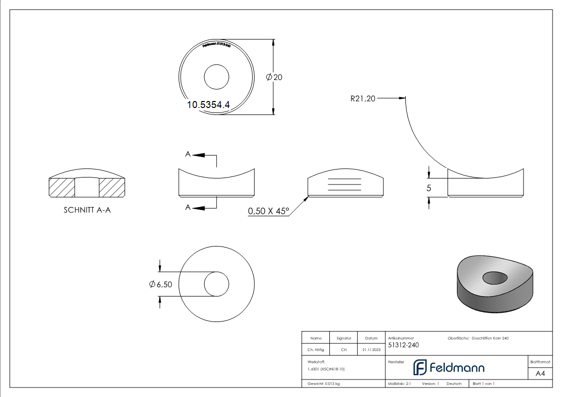 Pièce de compensation | pour raccordement : Ø 42,4 mm | Ø extérieur : 20 mm | V2A