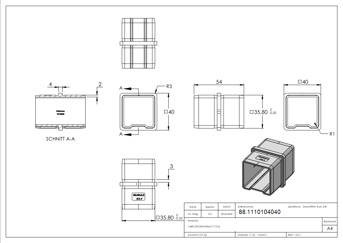 Vierkantrohr-Steckverbinder V4A 40x40x2-0 mm gerade-88.1110104040