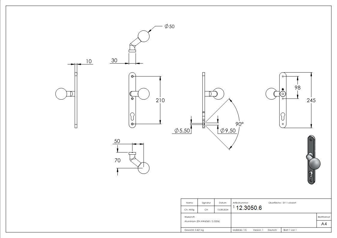 Alu-Tuerknopf mit Kugel - Masse- 30x245x10 mm - Form- gekroepft - Aluminium EV1-12-3050.6