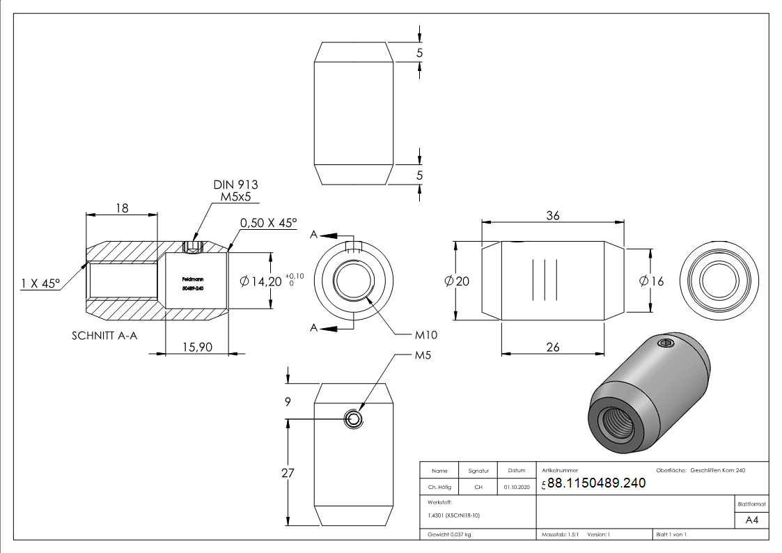Connecteur 20mm avec filetage M10 et trou 14mm