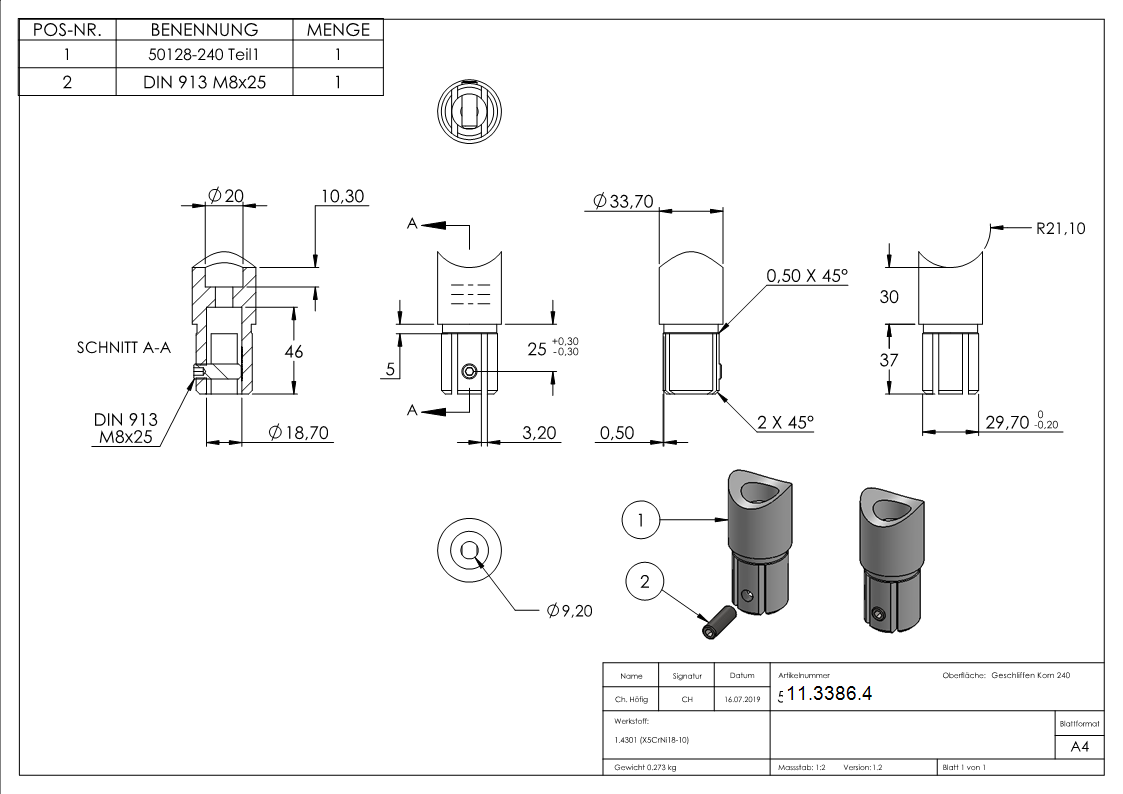 Pièce de raccordement 90° pour tube rond Ø 33.7x2.0 mm V2A