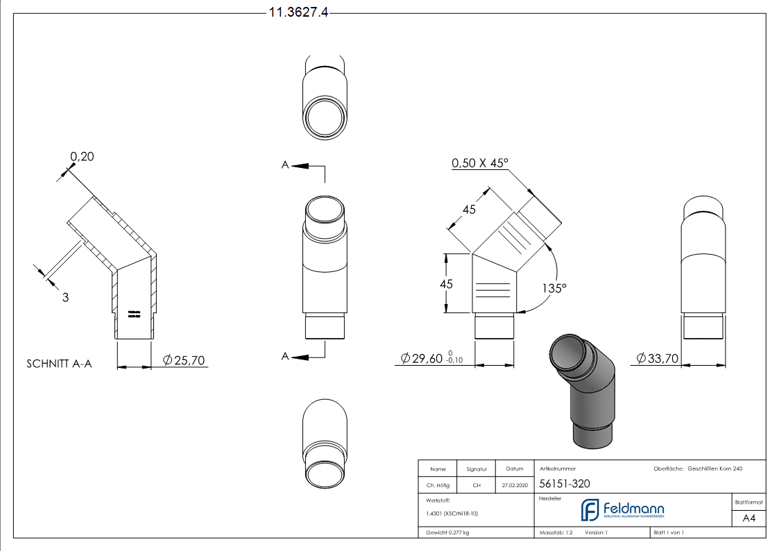 Eckbogen V2A fuer Rohr Ø 33-7 x 2-0 mm 135° zum Stecken-11-3627.4