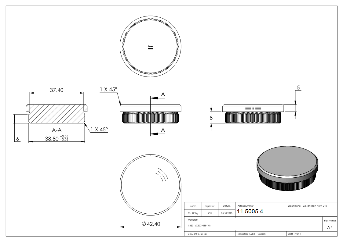 Bouchon plat pour Ø 42,4x2,0 mm V2A matériau plein
