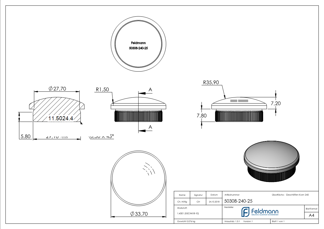 Rohrstopfen fuer Ø 33-7x2-6 mm leicht gewoelbt zum Einschlagen V2A-11-5024.4