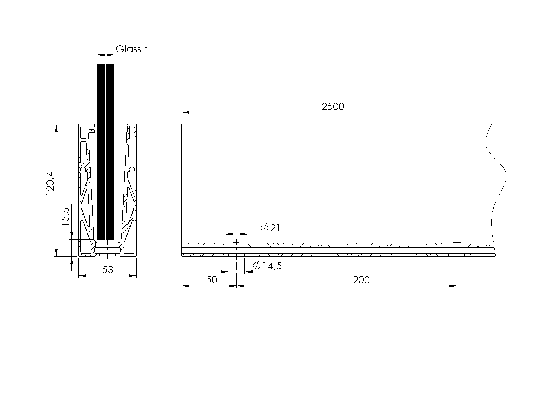 Ganzglasgelaenderprofil Aluminium 2500 mm Oberverankerung Satin-ELOX-89-11AL0004ECO2500SE-A.4