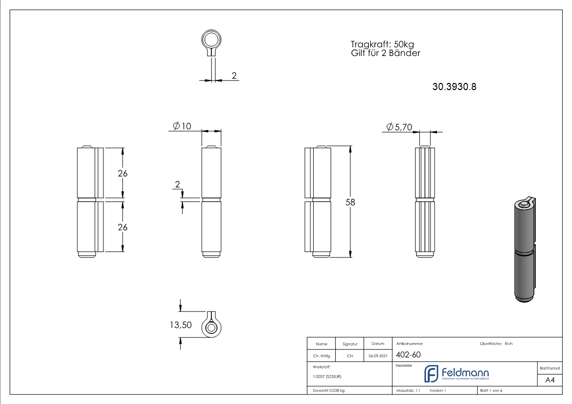 Sangle à souder | 2 pièces | Capacité de charge : 150kg | Acier S235JR, brut