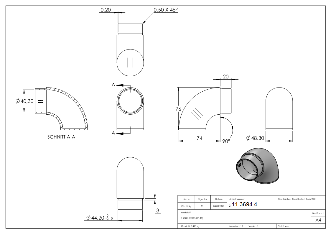 Embout 90° plat, pour tube rond Ø 48.3x2.0 mm V2A