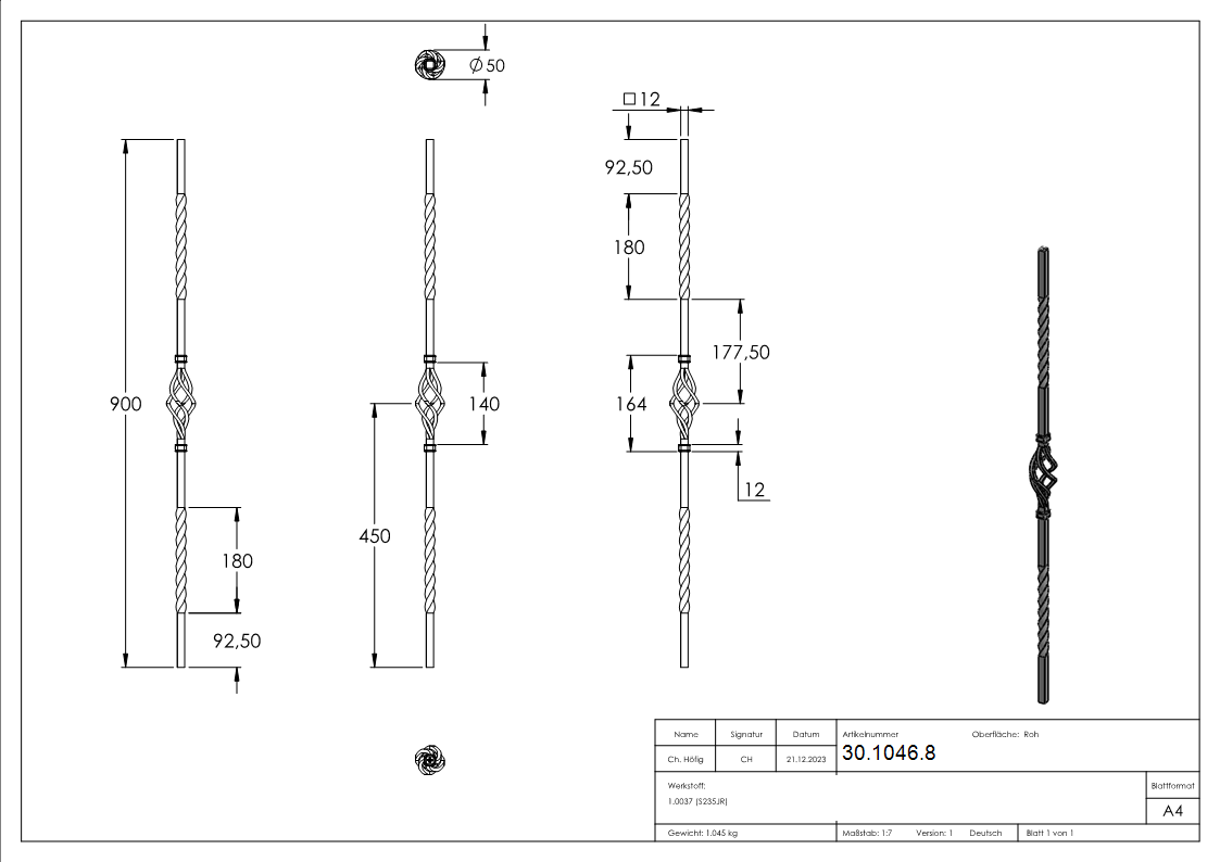 Zierstab - Laenge- 900 mm - Material- 12x12 mm - glatt - Stahl -Roh- S235JR-30-1046.8
