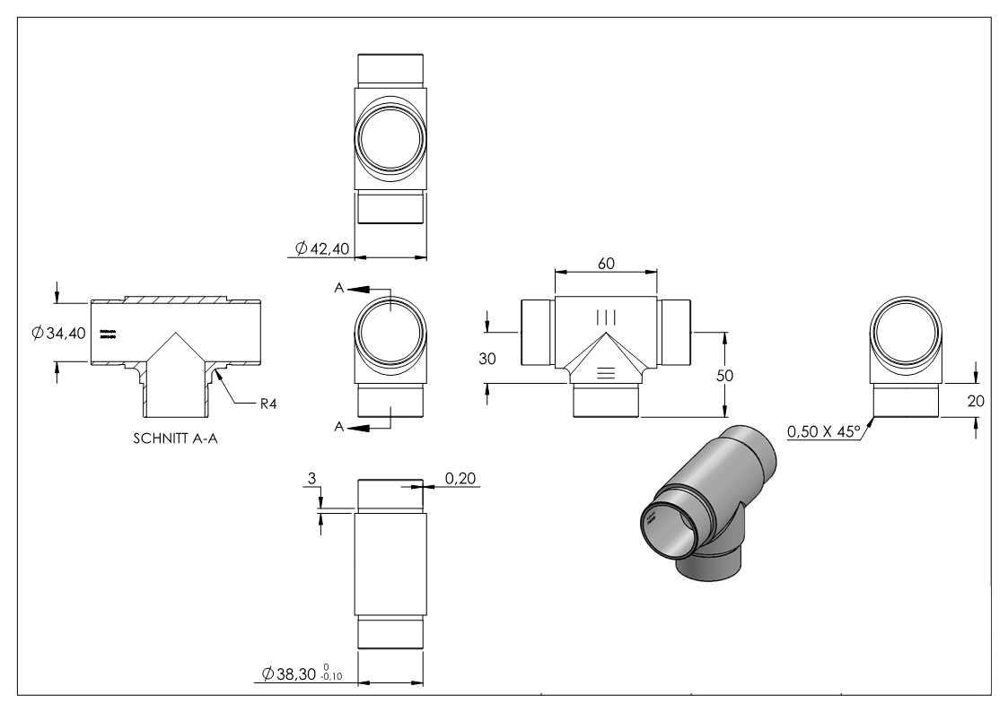 Pièce en T à sorties égales pour tube rond Ø 42.4x2.0 mm V2A