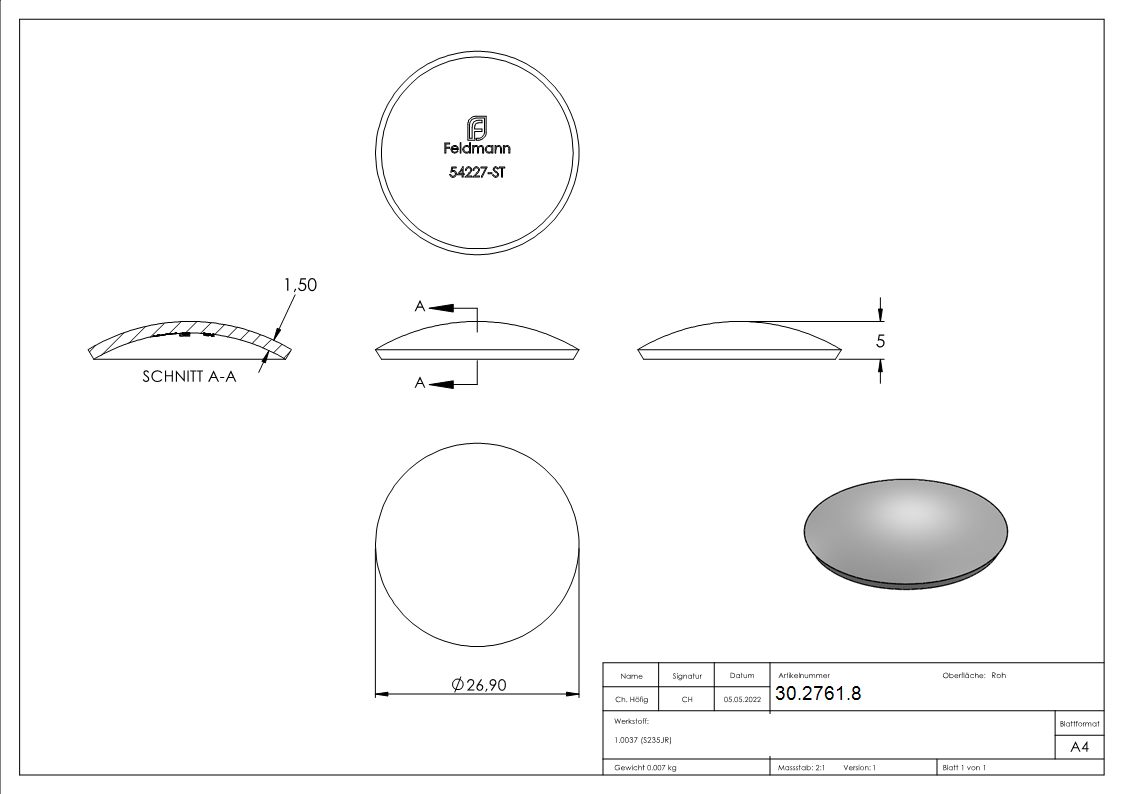 Klopperboden Rohrabschluss Ø 26-9x1-5 mm Stahl roh Hoehe- 5 mm-30-2761.8