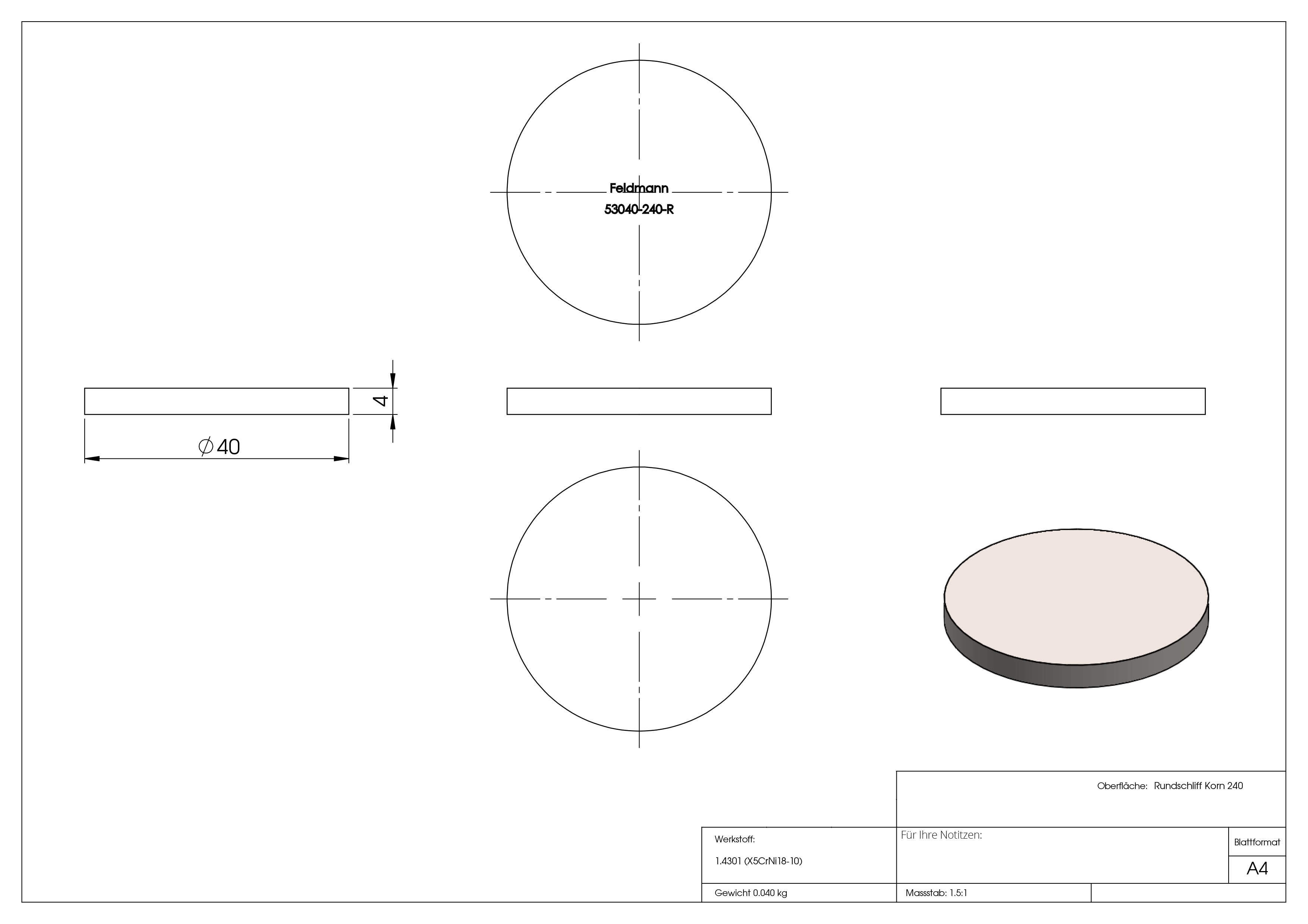Ebauche circulaire | Dimensions : Ø 40x4 mm | avec meulage circulaire | V2A