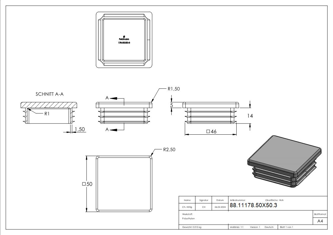 Capuchon plastique pour tube carré 50x50mm