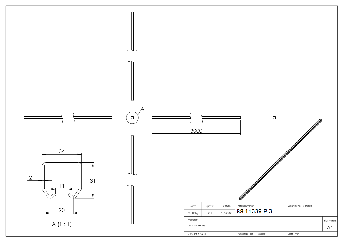 Laufschiene fuer Haengetore- klein- Laenge 3000mm-88-11339-P.3