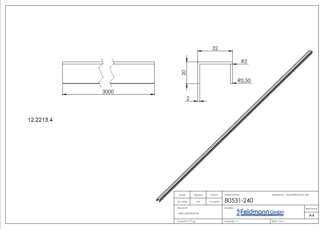 Protection des bords | Dimensions : 32x20x2 mm | Longueur : 3000 mm | V2A