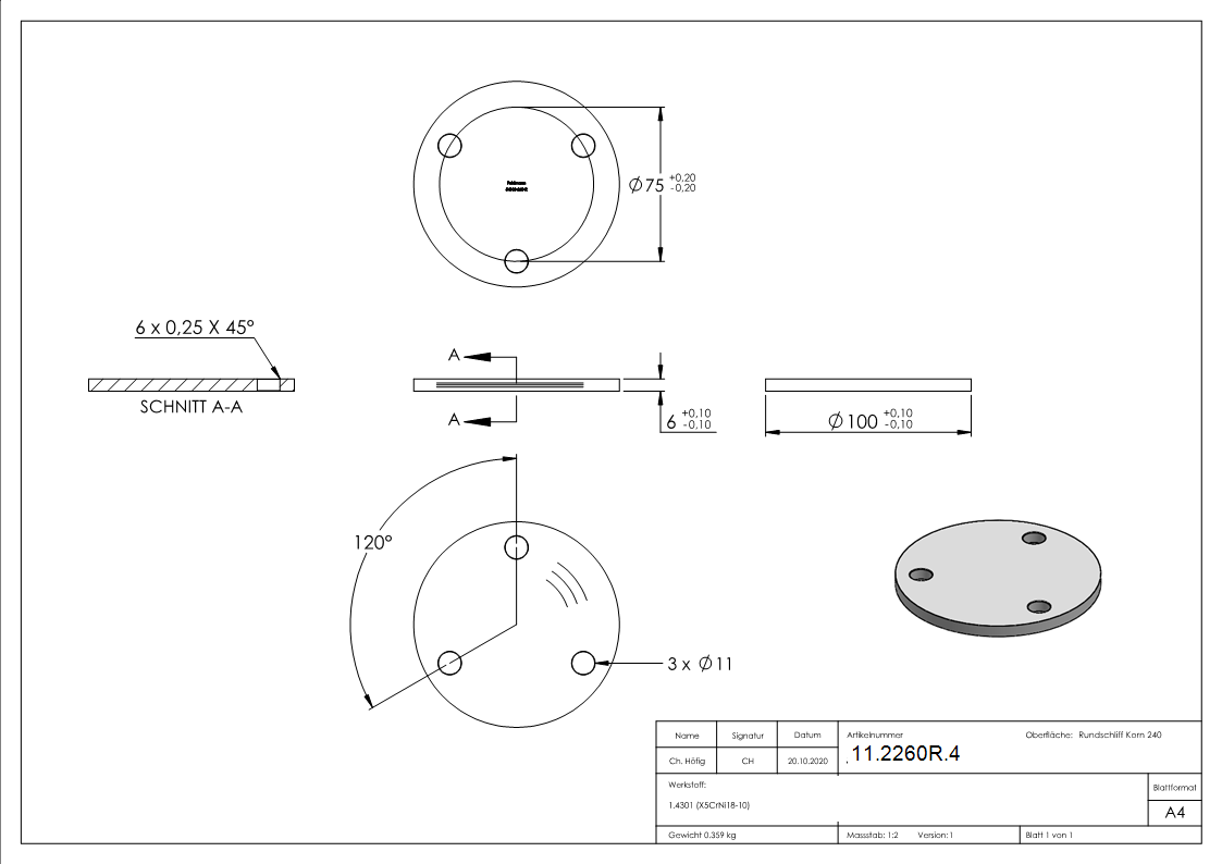 Ankerplatte Ø 100 x 6 mm mit 3 Bohrungen á Ø 11 mm V2A-11-2260R.4